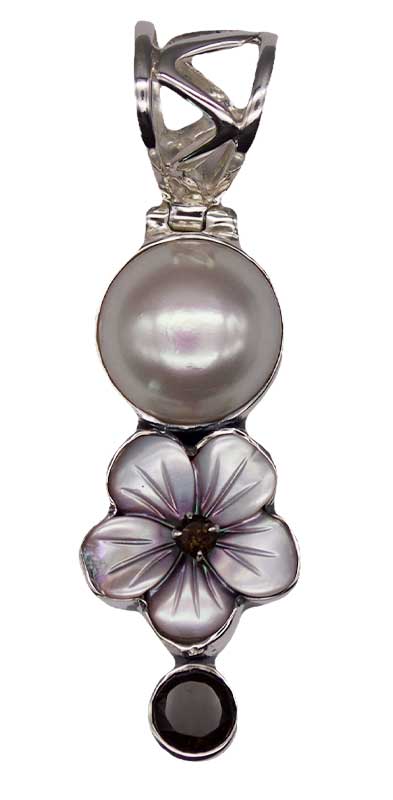 (image for) Fresh Water Pearl & Smoky Qtz Flower Pendant - Click Image to Close