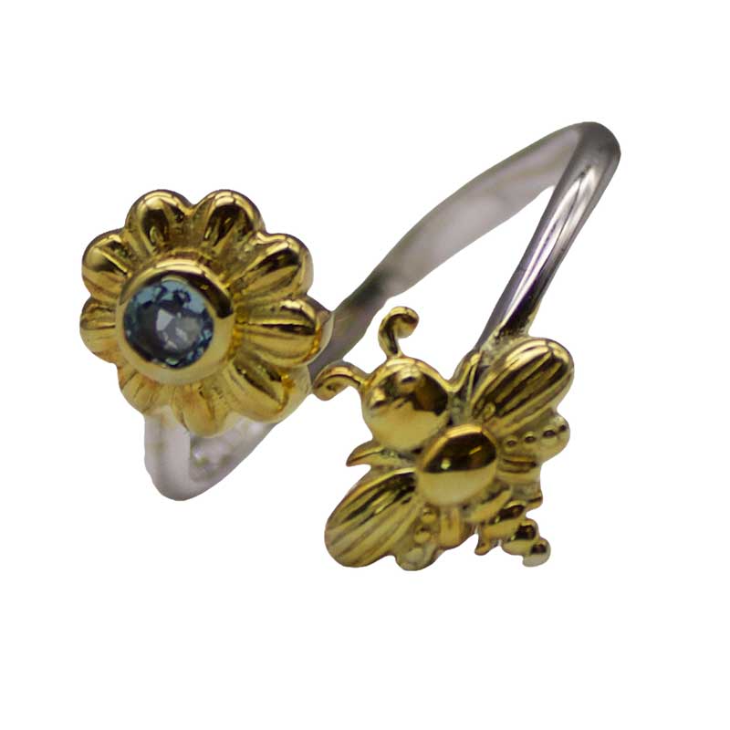 (image for) size 7 Bee and Flower Ring with Blue Topaz - Click Image to Close