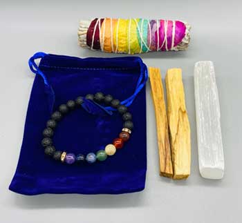 (image for) Balancing Kit (4" 7 chakra sage, palo santo stick, selenite & lava bracelet) - Click Image to Close